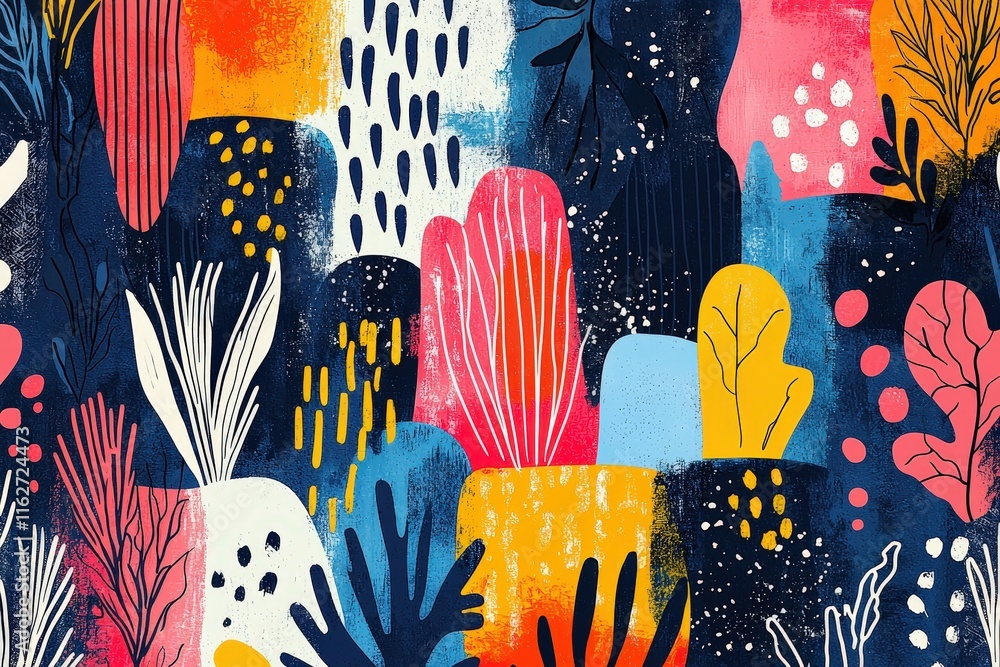 Poster Vibrant abstract design featuring an array of organic shapes and patterns in bold colors, creating an artistic backdrop or textile pattern perfect for creative projects