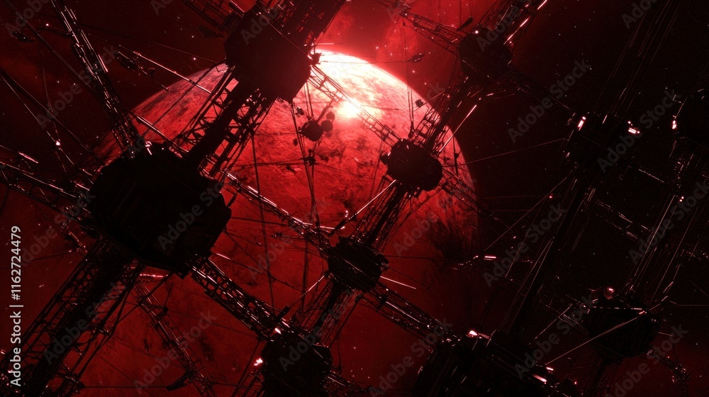 Poster A futuristic scene featuring a red planet and industrial structures in space.