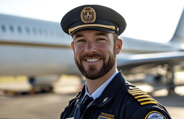 A handsome male pilot stands in front of an airplane, smiling and wearing his uniform with the captain's hat on