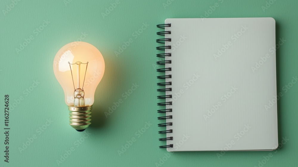 Poster serene workspace with a glowing light bulb and a blank notebook on a soft green background for inspi