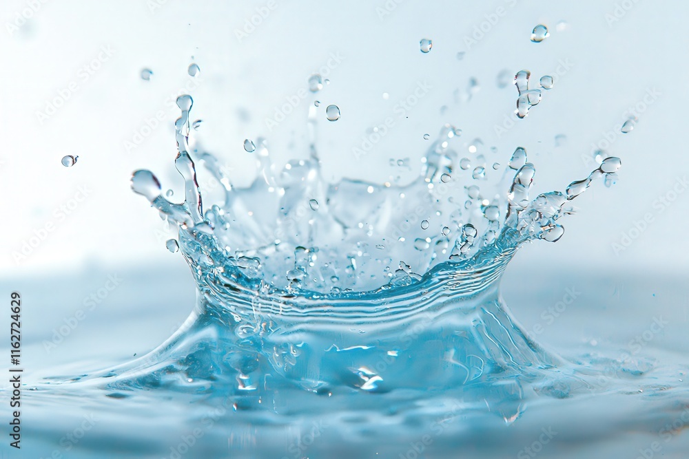 Poster a vibrant splash of water erupts from a calm surface, with droplets flying and creating ripples, ill