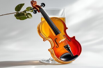 A glass shaped like a violin filled with golden apple cider, elegant and musical on white.