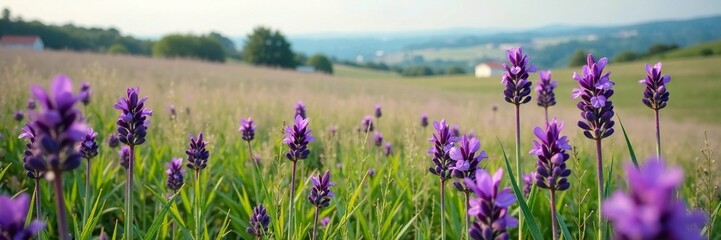 Obraz premium Pasture of purple flowers with silvery-gray stems, landscape, countryside
