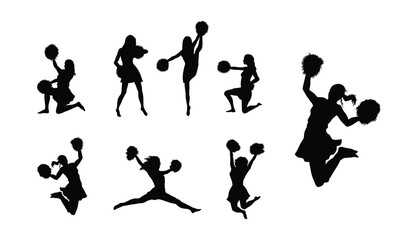 Silhouette of Cheerleaders Performing Energetic Moves With Pom-Poms in Group Formation
