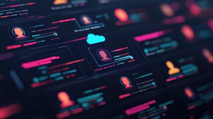 Obraz premium Abstract representation of interconnected user profiles in a digital environment showcasing cloud technology and data flow, emphasizing community and engagement online.