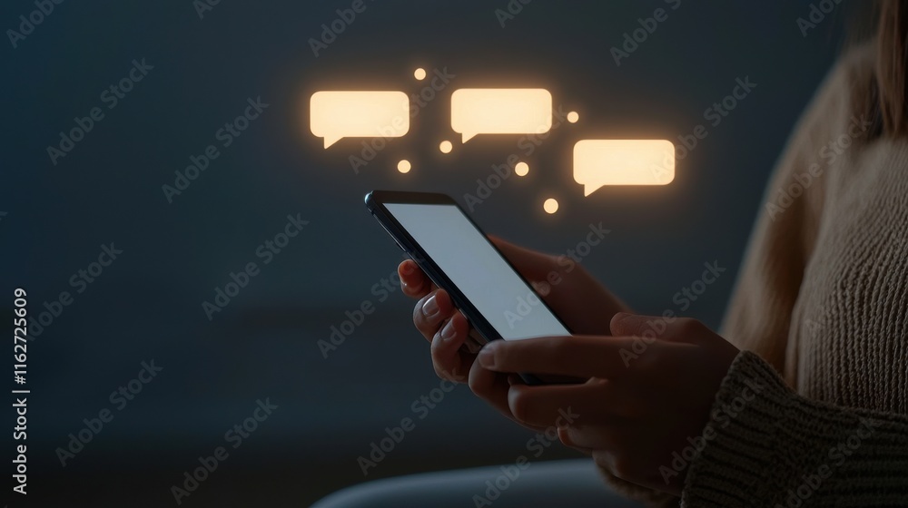 Poster engaging in ai-driven communication through chat bubbles on a smartphone, illustrating modern digita