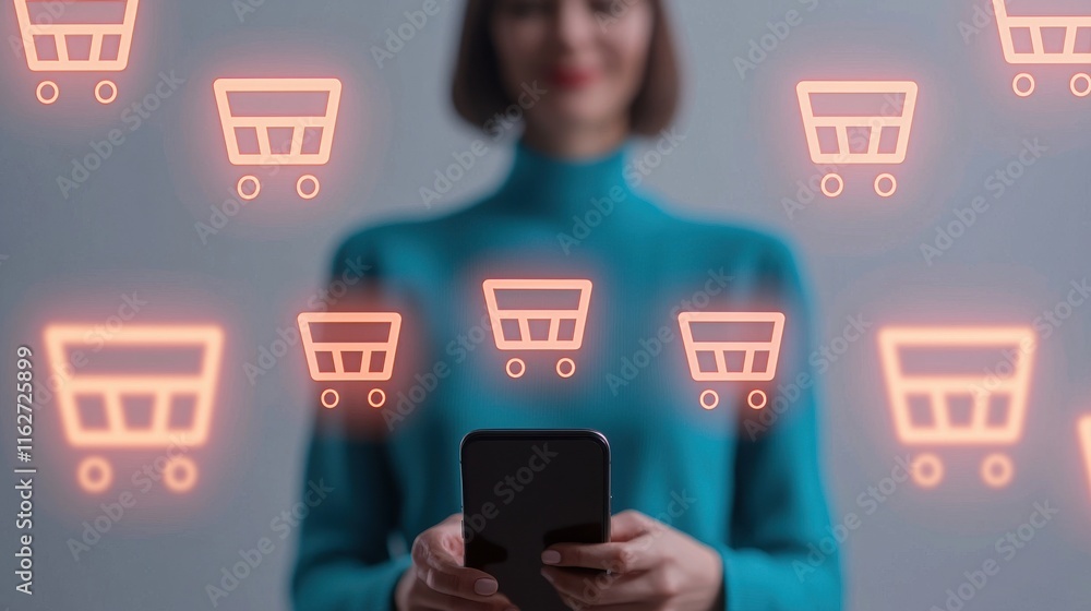 Poster digital shopper engaging with virtual cart icons in a modern and glowing environment