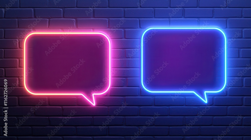 Poster neon speech bubbles on a brick wall representing customer interaction and communication in a modern 