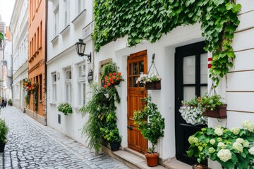 An ivy-clad wall along a narrow cobblestone street, creating a charming and cozy atmosphere