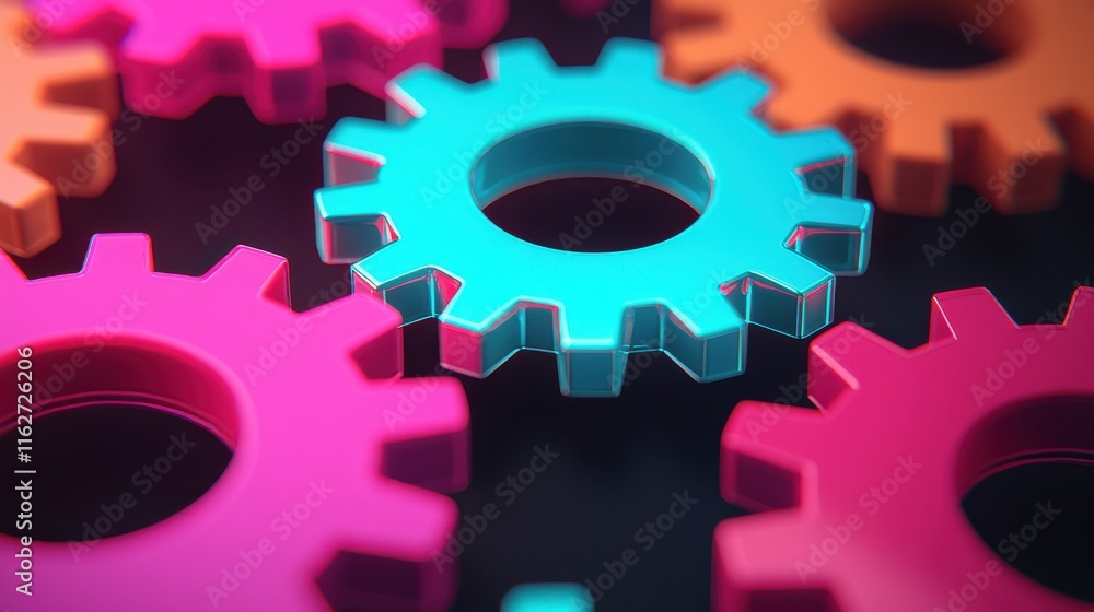 Poster colorful holographic gears representing feedback mechanisms in a dynamic and modern design concept f