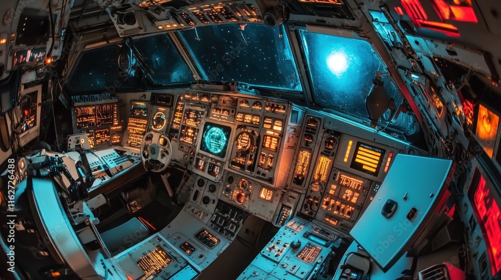 Poster A futuristic spacecraft cockpit illuminated with control panels and a view of space.