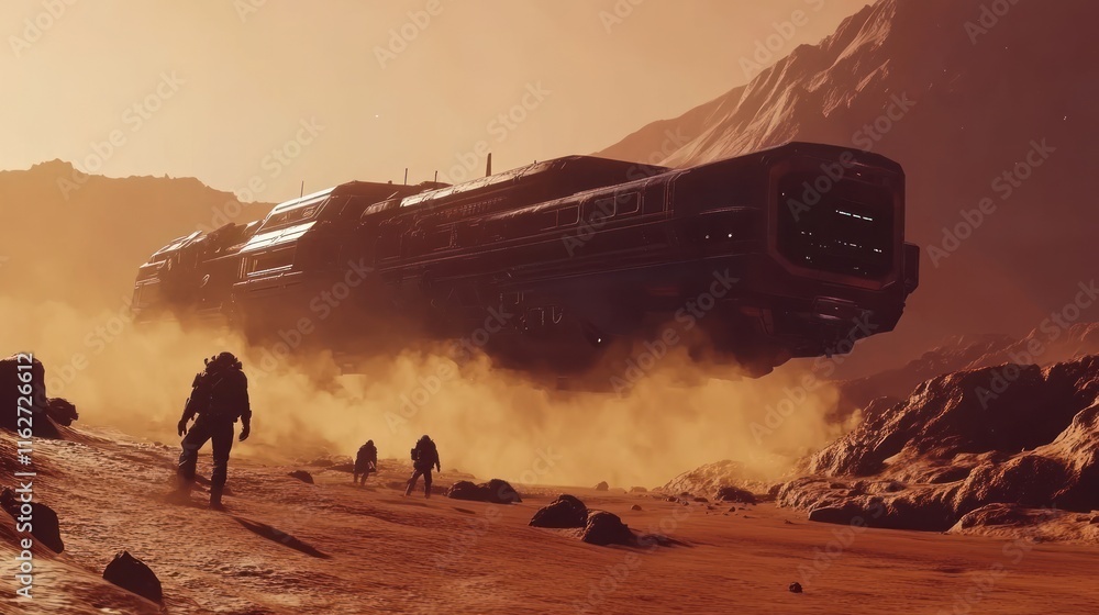 Poster a futuristic spacecraft hovers above a dusty landscape with figures exploring the terrain.