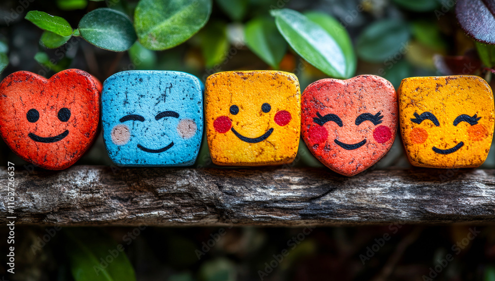 Poster a row of smiling faces made of rocks. the faces are of different colors and sizes, and they are all 