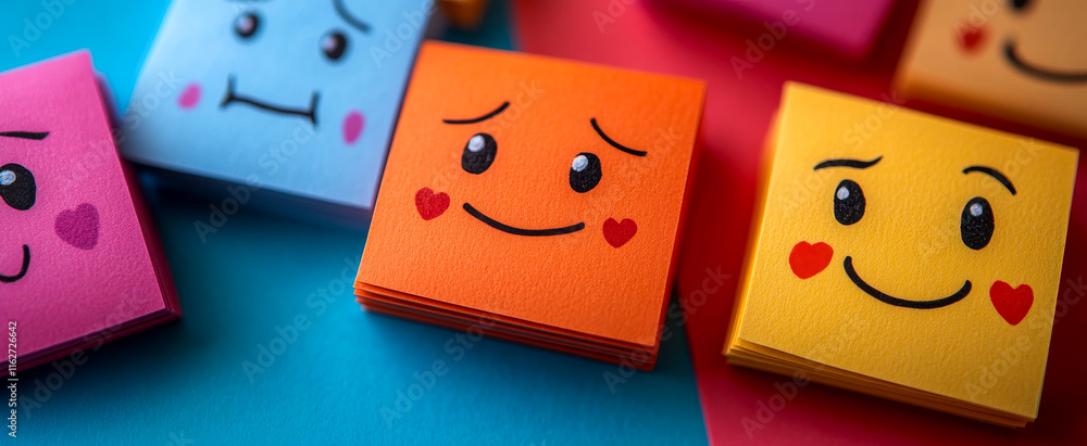 Poster a group of colorful sticky notes with smiling faces and hearts on them. scene is cheerful and positi