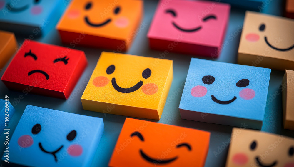 Poster a collection of colorful smiley faces made of foam blocks. the faces are arranged in a pattern, with