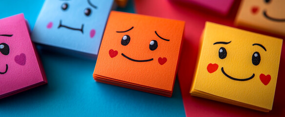 A group of colorful sticky notes with smiling faces and hearts on them. Scene is cheerful and positive