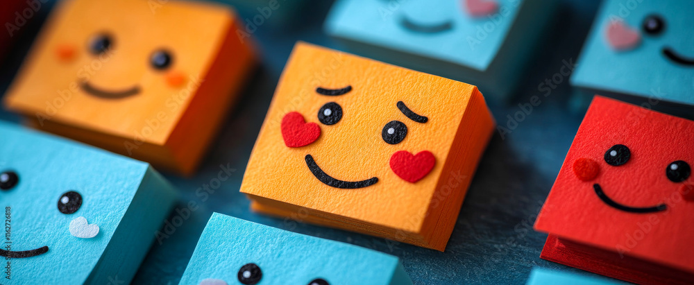 Poster a collection of colorful smiley faces made of paper. the faces are arranged in a row, with some of t