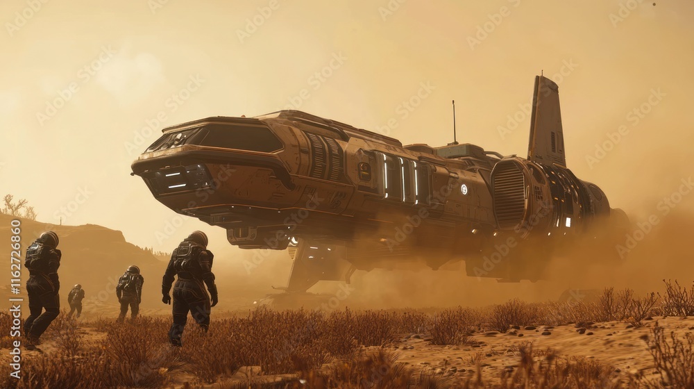 Poster a futuristic spaceship lands on a dusty, alien landscape with astronauts approaching.