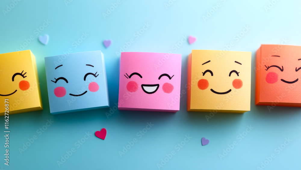Poster a row of colorful smiley faces with hearts in the middle. the faces are arranged in a row and are sm