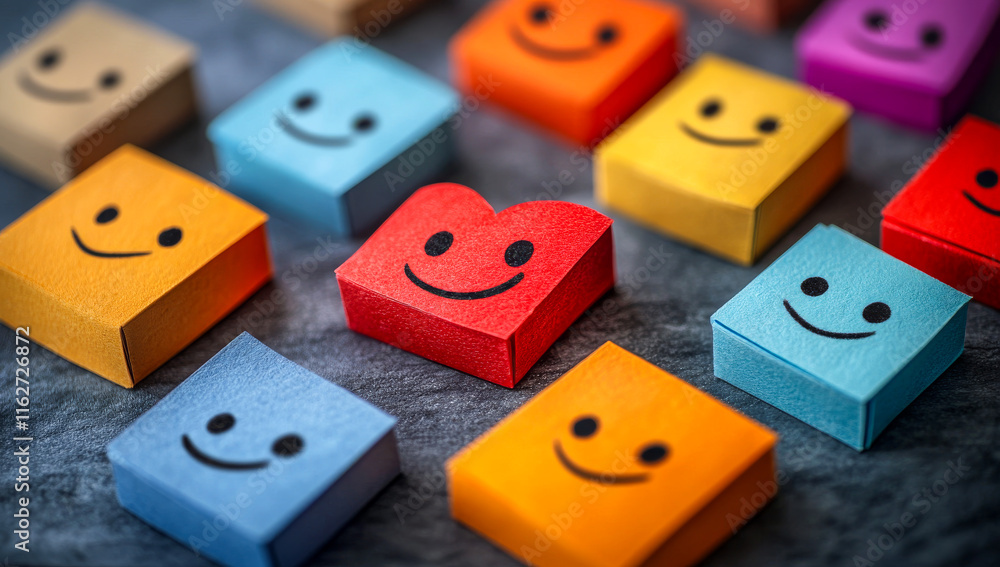 Aufkleber a row of colorful wooden blocks with a red heart in the middle. the heart is smiling and surrounded 