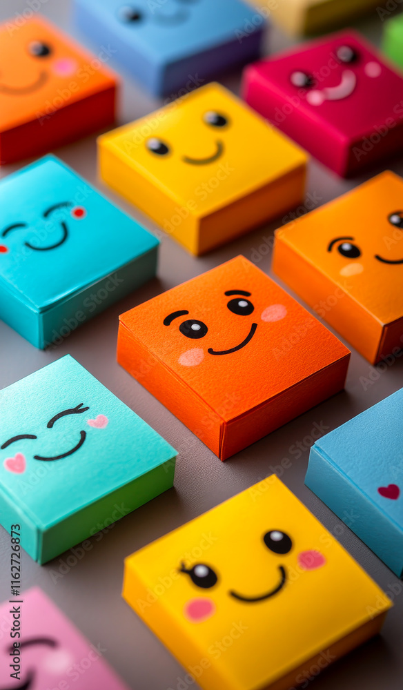 Poster a row of colorful blocks with smiling faces on them. the blocks are arranged in a way that they form
