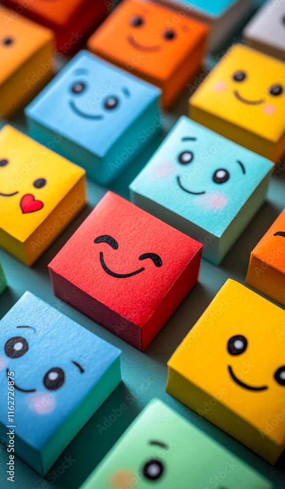 Poster a row of colorful wooden blocks with smiling faces on them. the blocks are arranged in a way that th