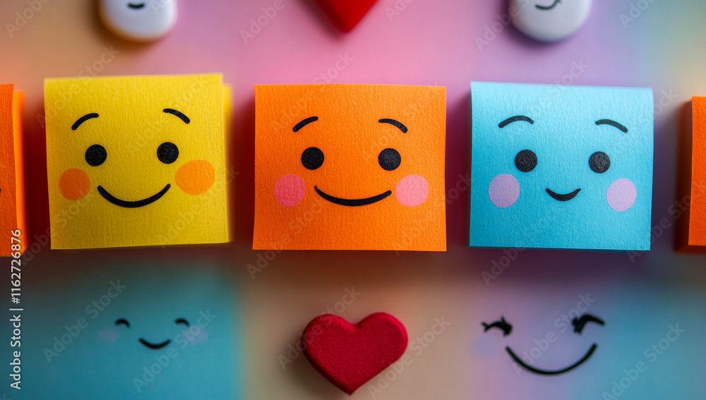 Poster a group of colorful smiley faces are arranged in a row, with a heart in the middle. scene is cheerfu
