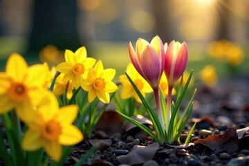 Fototapeta premium Saffron crocuses nestle among yellow daffodils, their colors intertwined in harmony, landscape, flowers
