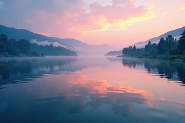 Fototapeta premium Serene lake surface reflects misty dawn sky with gentle ripples, calm, colors, peaceful