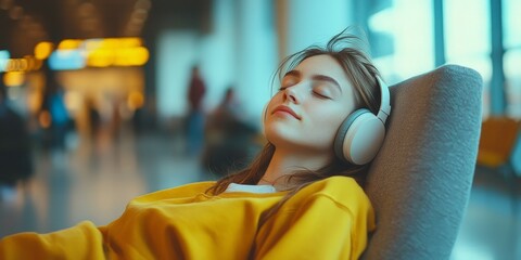 Obraz premium Woman relaxing at airport with plane in the background