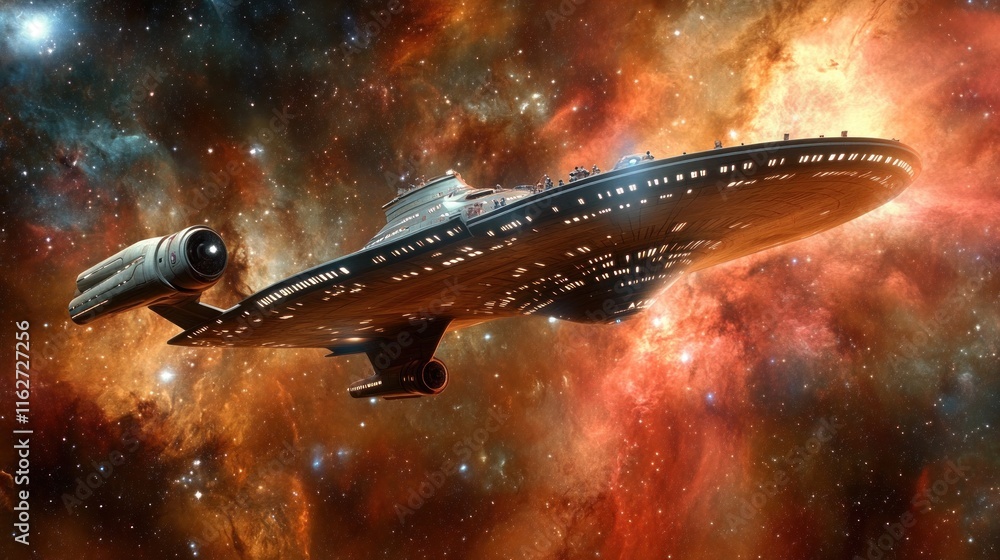 Poster A futuristic spaceship navigating through a vibrant cosmic nebula.