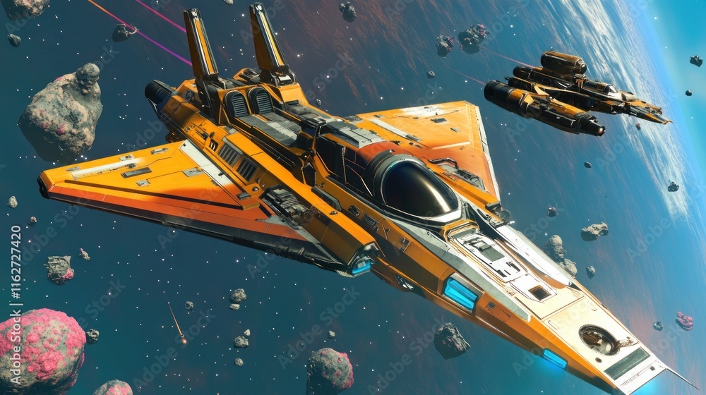 Aufkleber A futuristic spaceship navigating through an asteroid field in deep space.