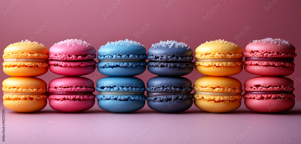 Aufkleber a row of colorful macarons are displayed on a table. the macarons are arranged in a neat stack, with