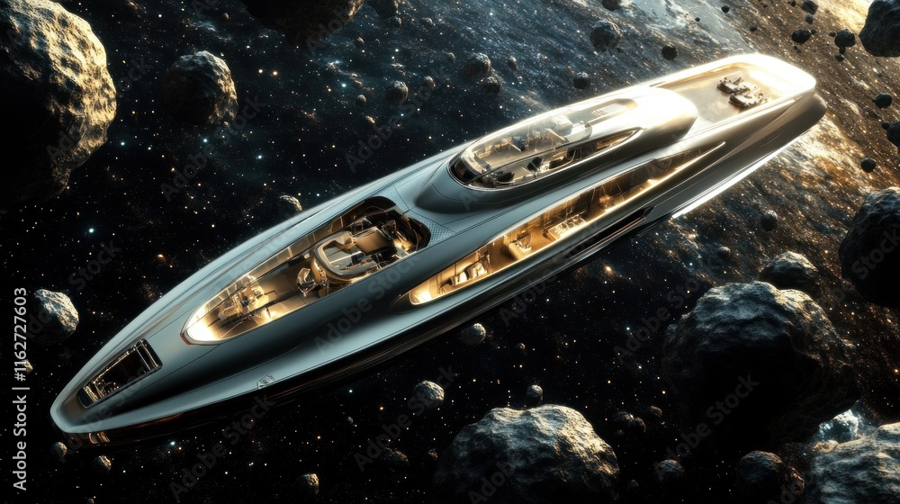 Aufkleber A futuristic spaceship navigating through an asteroid field in space.