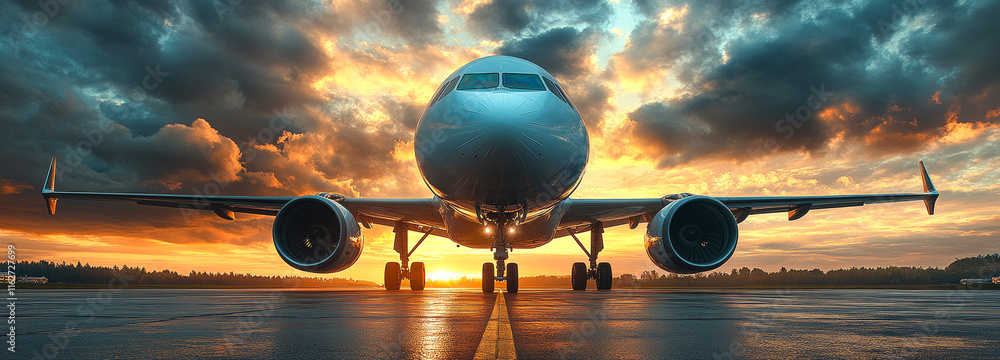 Poster a large airplane is parked on a runway with a beautiful sunset in the background. concept of calm an