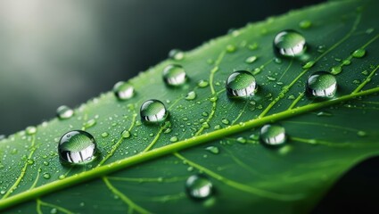 Close-up photo of water drops on green leaves, spa promotion, nature advertising, abundance, text space
