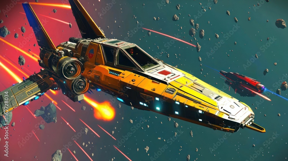 Poster A futuristic spaceship navigating through an asteroid field in space.
