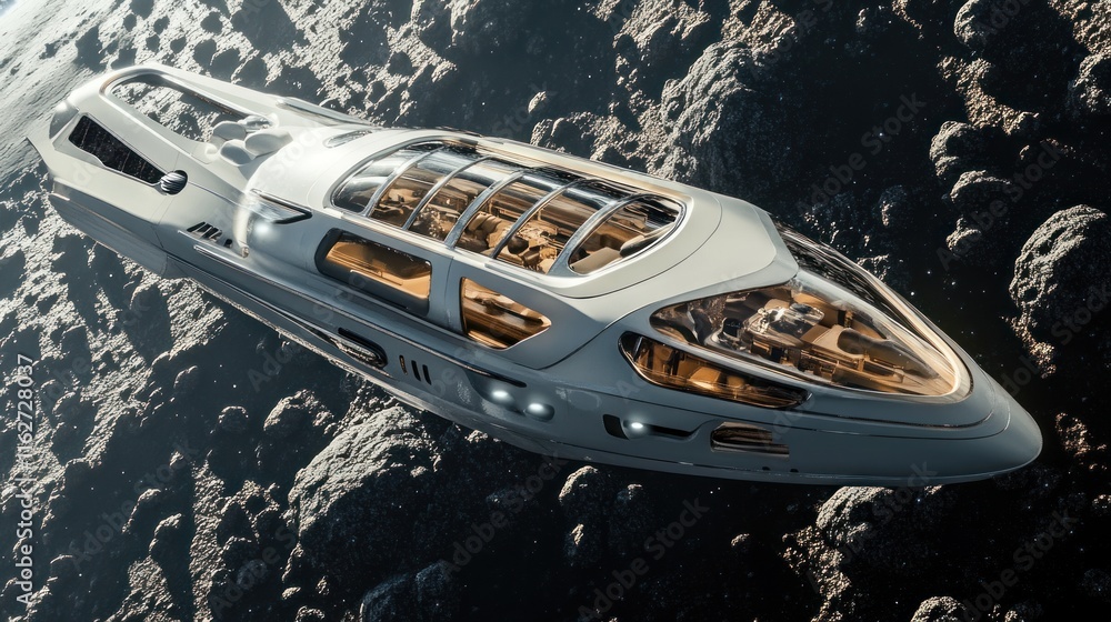 Aufkleber A futuristic spaceship navigating through an asteroid field in space.
