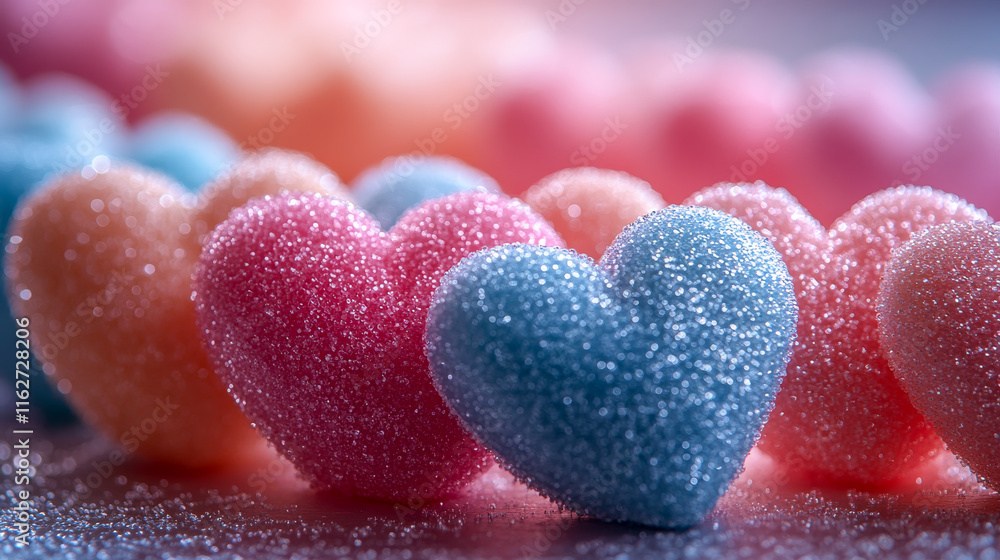 Poster a row of hearts with different colors and sizes are arranged on a table. concept of warmth and love,
