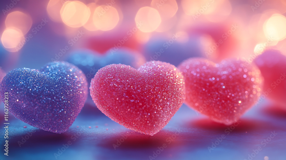 Aufkleber three hearts with glitter on them are arranged in a row. the glitter adds a sparkly and romantic tou