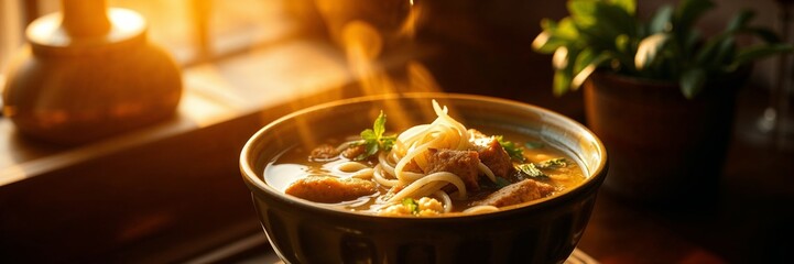 Chinese udon noodles with bok choy, shiitake and pepper close-up on a plate.