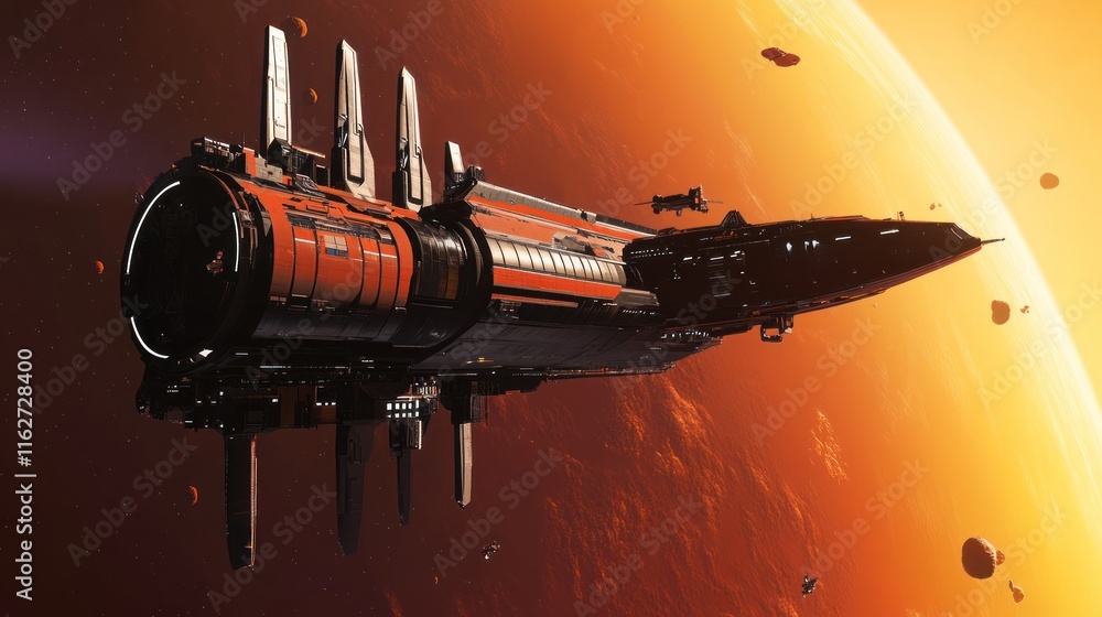 Poster A futuristic spaceship navigating through an asteroid field near a planet.