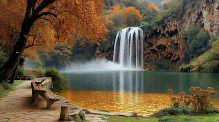 Misty Cascade. nature-based Self-compassion Water positive Squarespace designer solutions Metadata remover Dezgo clipdrop Zenbusiness Giftee Autumn waterfall forest river lake bench peaceful foggy