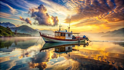 Naklejka premium Elegant Classic Fishing Boat Double Exposure Photography - Vintage Maritime Vessel in Serene Waters with Nature's Beauty Reflected Through Artistic Techniques