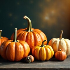 Obraz premium Soft golden light falls on a colorful still life of small pumpkins and acorn squash on a rustic wooden background, , rustic