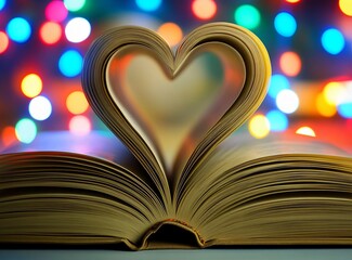 Open Book Forming Heart Shape, Festive Lights Background