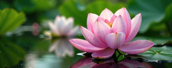 Fototapeta premium Soft pink peony bloom in white water lily pond, garden, water