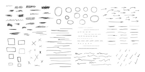 Black pen hand drawn collection of lines, x marks, underline strokes, doodles and arrows. Pen marker shapes Isolated on white background.