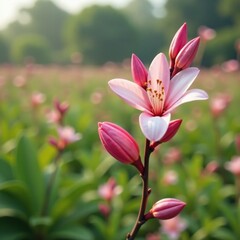 Soft pink petals unfold from a slender branch, nature landscape, botanical garden, blossoming