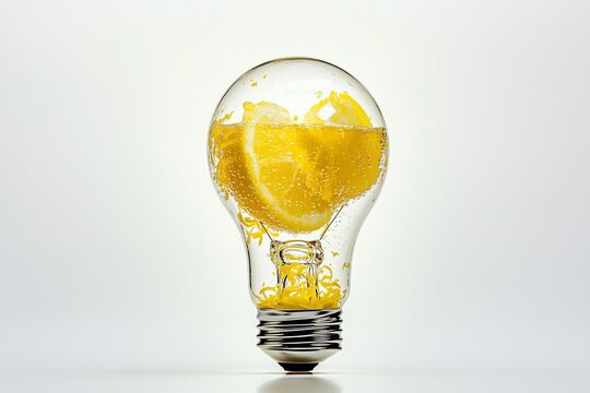 A glass shaped like a lightbulb filled with a bright idea lemon zest drink, innovative and sparkling on white.